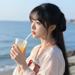 very cute girl holding a drink in hanfu near the sea, body tilted, side view | very anime!!!, fine face, audrey plaza, realistic shaded perfect face, fine details. anime. strong realistic shaded lighting poster by ilya kuvshinov katsuhiro otomo ghost, magali villeneuve, artgerm, jeremy lipkin and michael garmash and rob rey