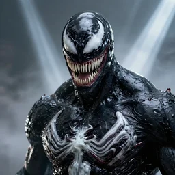 Hulk venom portrait, close up, futuristic sci-fi, alien fabric, venom costume, black slime, roots, chrome mask, beams of light, fog atmosphere, highly detailed, atmospheric, dark aesthetics, artstation, octane rendering, ultra realistic, 8k