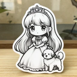 chibi princess with dog. day light. decal by award - winning mangaka, heavily stylized, muted palette, ink sketch, b & w