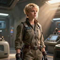 science fiction, awkward flustered brilliant stoic heroic blond butch tomboy woman engineer with very short hair, rough ripped jumpsuit, on the set of john carter, smooth, extremely detailed, cinematic lighting, illustration, digital art, crepuscular ray, trending on artstation, art by greg rutkowski, golden ratio