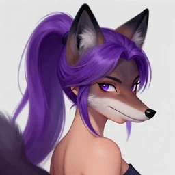 a woman with black fox ears and a fox nose, she has purple hair tied up in to a ponytail. painted artwork, furry art, fur - affinity, deviant art