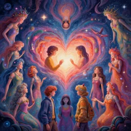 a psychedelic realm made entirely out of love and acceptance, astral beings sharing love!!!!, in the style of greg rutkowski! and wlop and lisa frank! and bob ross!!! and ruan jia, illustration, epic, fantasy, hyper detailed, smooth, unreal engine, sharp focus, ray tracing