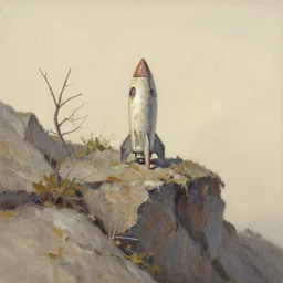 abandoned dirty tiny rocket ship, distant knotted branches, extremely detailed rocky crag, unfinished canvas, dry brush texture, strokes visible, underbrush wash, alpine climate