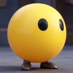 Movie still of Ryan Gosling as humanoid Pacman, big round yellow head