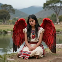 prompt Young Woman, wearing Inka clothes, Harpy, red feathered wings, sad expression, sitting at a pond, mountainous area, trees in the background, digital art