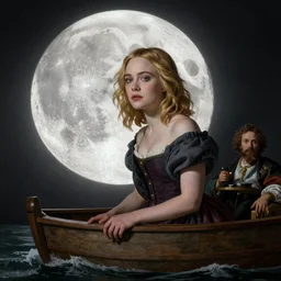 Elle Fanning in front of the moon, on a boat, artstation, by J. C. Leyendecker and Peter Paul Rubens,