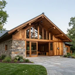 patio and entertainment barn by / frank loyd wright /, stone and wood, open