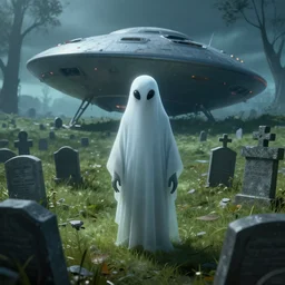 An alien seeing a ghost in a cemetery with a crashed ufo in background, highly detailed digital art