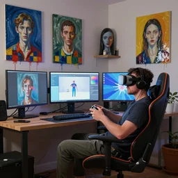 a man ignoring a model sat next to him, reclines in a gaming computer chair weargin a vr headset and headphones holding a game controller, in a domestic interior filled with screens by james jean and luc tuymans and beeple and hernan bas and pat steir and hilma af klint, psychological, 3 d, dripping paint, high quality render, masterpiece