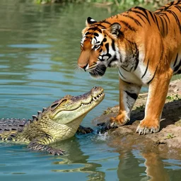 a crocodile grabs onto a tigers leg at the edge of the water, by boris vallejo