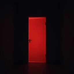 a glowing red door in a dark room, black walls, pitch black, no light source,