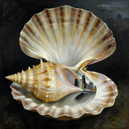 a city inside the seashell, by jacek yerka by magritte, surrealistic painting, masterpiece, oil painting, sharp focus, highly detailed, intricate, smooth, 8 k,