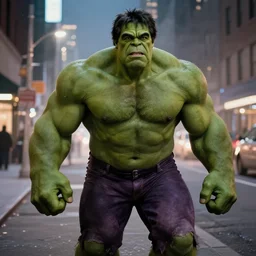 Danny Devito as The Incredible Hulk on the street in New York City at night, Lights are on down the street, light fog in the background, cinematic, realistic, detailed, portrait, green skin