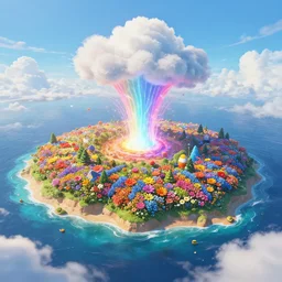 a beautiful detailed 3d matte painting of flowerful island, peaceful cloud in blue sky, ocean , colourful energies in a brilliantly coloured, by beeple, Makoto Shinkai, and Nicolas Party, 8k resolution, Aerial Photography, Ultrawide lens