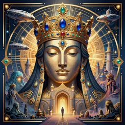 symetrical art deco poster illustration highly detailed ornate with jewels and precious metals majestic face of the king close up in the entrance castle kingdom of shambala as shangri - la, space ships, futuristic, land of advanced races, giants, hollow earth, hiperrealistc, global illumination, radiant light, detailed and intricate environment. art by oleg oprisco, 8 k