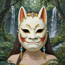 portrait of Princess Mononoke wearing her mask, lush forest landscape, style of Art Nouveau, gems and gold, waterfalls, denoised, sharp,