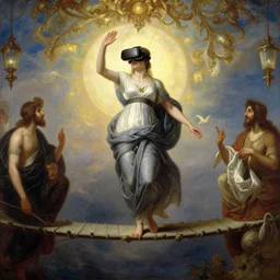 detailed full body of hindu traditional woman blindfolded high - tech vr headset waliking risky thin bridge in sky in baroque style, girl graceful,, painting by gaston bussiere, craig mullins, j. c. leyendecker, lights, art by ernst haeckel, john william godward, hammershøi,,