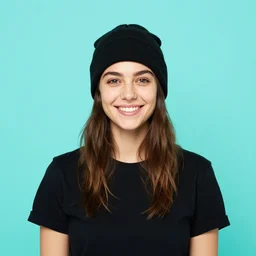 portrait, girl wearing a beanie and black t - shirt, flat cyan background, smiling, centered, by jamie hewlett