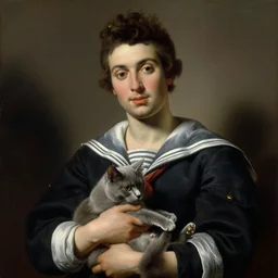 portrait of bust of a young man holding a gray cat in his hands, man is wearing old navi uniform, painting by duilio barnabe