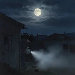 midnight, the moon obscured by clouds, in a dilapidated building the dark unknown huddled in the corner is pouring out, mist, by hasui kawase