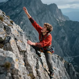 a young climber about to reach the top of a mountain, positive, energetic, enthusiasm, detailed, cinematic, dramatic lighting, by giorgio de chirico