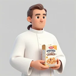 portly French gentleman, a member of the clergy, holding a cereal box