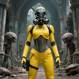big budget scifi movie set in postapocalyptic world with alien brainsuckers sexy female cyborg in yellow rubber and gas mask in ruins of church