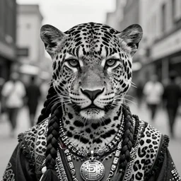 portrait of a young jaguar warrior, street pic, depth of field, zeiss lens, detailed, symmetrical, centered, fashion photoshoot, b & w, by frank miller, jim jarmusch, moebius, breathtaking, 8 k resolution, extremely detailed, beautiful, establishing shot, artistic, hyperrealistic, beautiful face, octane render