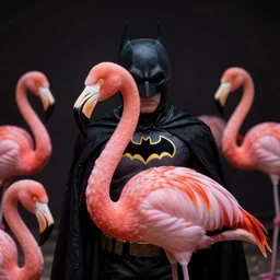 flamingo wearing a batman helmet in cosplay, i am the night, bat - flamingo