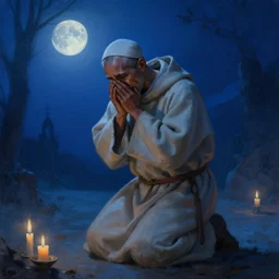oil painting portrait of a crying sad weeping sobbing tonsured dominican monk in a simple rough habit, kneeling in a blue cold moonlit empty small chapel at night, hazy, digital art, artstation, cinematic, moonlight, digital art painting by greg rutkowski, hazy atmosphere, candles, cinematic blue lighting