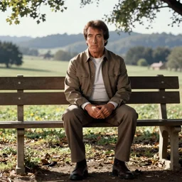 Sylvester Stallone as Forrest Gump, sitting on a bench scene, movie still