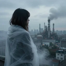 mysterious sad girl wrapped in smoke observing a big industrial city metropoli in the distance, cloudy sky, by greg rutkowski
