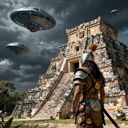 A Mayan warrior watching ominous alien spacecraft flying above the Mayan temple. Intense dramatic epic sci-fi cinematic concept artwork in the style of Jacek Pilarski and Greg rutkowski and Sylvain Lorgeou. Trending on artstation