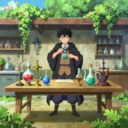anime powerful magician in his laboratory. alquimichal artifacts in the table, green bush and flowers growing on the roof and floor
