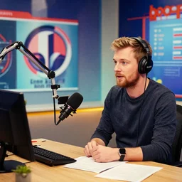 podcast in a radio station, jamie hewlett artwork