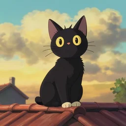 a wholesome animation key shot of a very detailed black cat!!! seated on top of a roof with tiles, medium shot, studio ghibli, pixar and disney animation, sharp, intricate details, rendered in unreal engine 5, anime key art by greg rutkowski, bloom, dramatic lighting, golden hour, warm colors