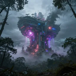 digital concept art of a vivid giant structure with lights in the fog, surrounded by trees in a forest.