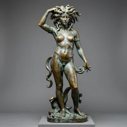 bronze sculpture of medusa, full body and podium, many tattoos, professional photography, imposing
