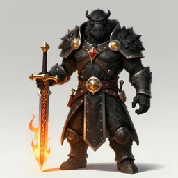 strong young man, bugbear ranger, black beard, dungeons and dragons, pathfinder, roleplaying game art, hunters gear, flaming sword, jeweled ornate leather armour, concept art, character design on white background, by studio ghibli, makoto shinkai, kim jung giu, poster art, game art