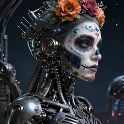 moody side portrait, beautiful female android!, intricate detailed environment, photorealistic!, octane render, mechanical, concept art, cinematic lighting, interstellar, hyper realism, sharp, cyberpunk, bladerunner, 8 k, el dia los muertos. by angus mckie, moebius, maciej kuciara, stanley lau, artgerm, greg rutkowski