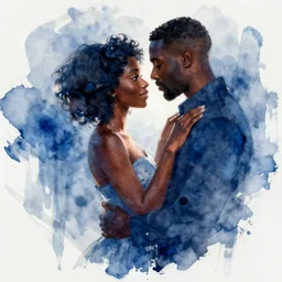 a beautiful watercolor painting of a black couple in love, digital painting, artstation, concept art, lighting by delphin enjolras, smooth, dynamic lighting, blues