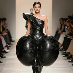 beautiful female model wearing bulbous distorted assymetrical comme de garcon dress by rei kawakubo, the model is a black glossy marble statue, vogue, fashion, runway, collection, beautifully lit