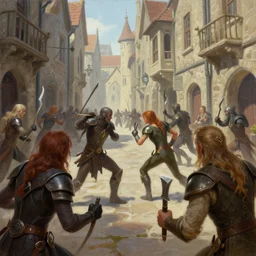 an exciting fantasy street battle within a fascinating old city, narrow streets, old buildings, by Sebastian Luca,   cinematic, simple but effective composition, clean lines, beautiful digital painting, oil painting, great character design, dungeons and dragons, lord of the rings,  close up character, fantasy races