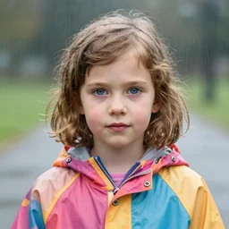 a head and shoulders portrait photograph of a very cute seven year old girl with short wavy curly light brown hair and blue eyes wearing a colorful raincoat in the rain, neutral expression. high quality professional photo