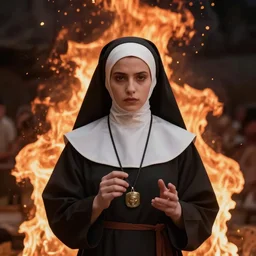 a cinematic sequence of a nun in flames, 8k, hdr, photorealistic