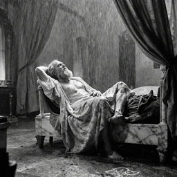 movie still of socrates frozen in a big marble bedroom with drapery under the rain, cinestill 8 0 0 t black and white, by andrei tarkovsky, very heavy grain, high quality, high detail, ultra wide lens, sharpness, flares, anamorphic, foggy, mud