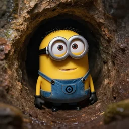 glistening wet meaty minion crawling on its knees through a small tunnel, looking up towards the camera, horrifying atmosphere, cave photograph