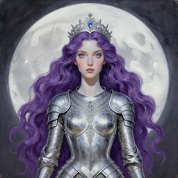 painting of slim priestess of the moon, silver filigree armor and tiara, moon above head, purple wavy hair, smooth translucent skin, wide striking eyes, beautiful! coherent! symmetrical body, by brom, by brian froud, strong line, high contrast, muted color, preraphaelite style, 4 k, trending on artstation