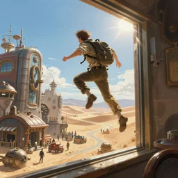A character jumping through a window to escape his pursuant, large bustling steampunk city, sunny day, desert landscape, digital painting, concept art, artstation