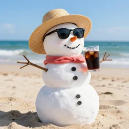 a real snowman! wearing straw hat and sunglasses, drinking cold soda, ( ) sunbathing on the beach, on a beautiful sunny day, photorealistic image ultra detailed, high resolution, trending at artstation